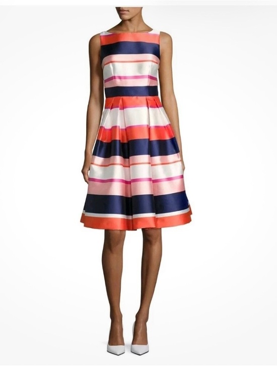 Eliza J Dresses & Skirts - Eliza J Sleeveless Striped Satin Fit & Flare Dress in Navy, Coral, Pink & White